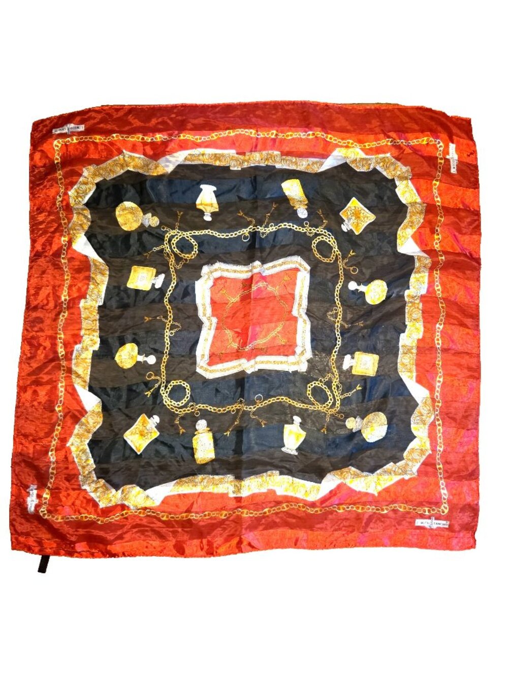 J. Mico Sancho Scarf Paris Perfume Bottle Eiffel Tower Red Black Gold 36" Square